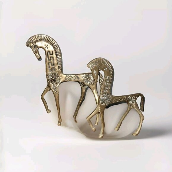 2 Etruscan Brass Horses Roman Mid Century Modern Greek Sculpture MCM Vintage - Picture 8 of 11